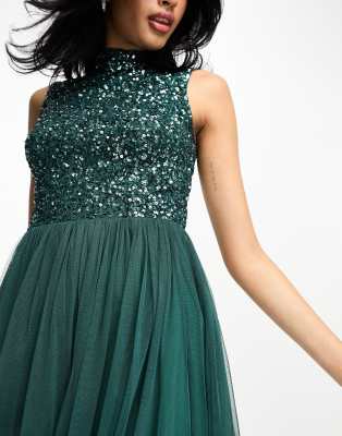 Maya Bridesmaid high neck midi tulle dress with tonal delicate sequin in  emerald | ASOS