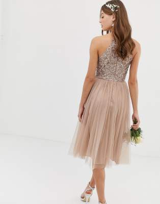 high neck delicate sequin midi dress