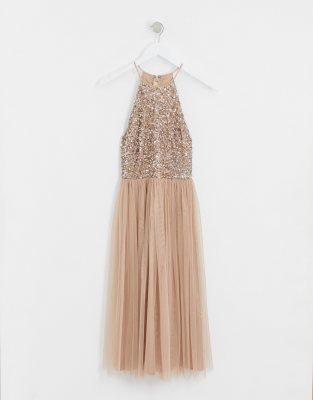 high neck delicate sequin midi dress