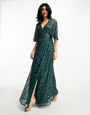 TFNC Bridesmaid kimono sleeve satin wrap midi dress in emerald green