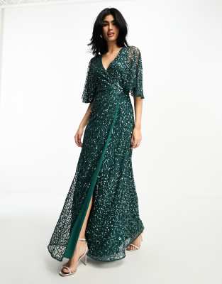 Bridesmaid kimono sleeve maxi tulle dress with tonal delicate sequin in emerald green