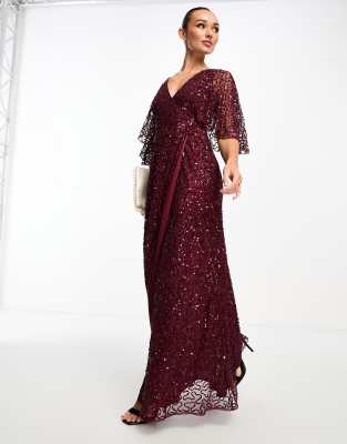 Maya Bridesmaid Kimono Sleeve Maxi Tulle Dress With Tonal Delicate Sequin In Wine-red