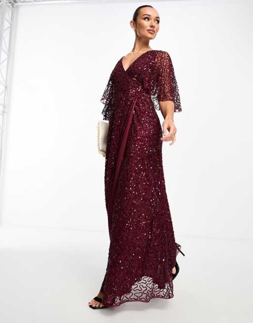 Maya Bridesmaid kimono sleeve maxi tulle dress with tonal delicate sequin  in wine