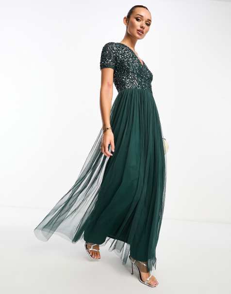 Maya – Bridesmaid – Kurzärmliges Maxikleid aus Tüll in Smaragdgrün mit filigranen, farblich abgestimmten Pailletten - view 1