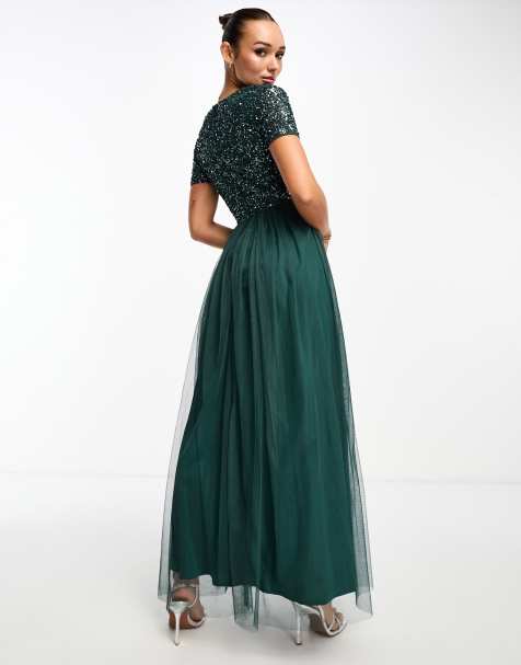 Maya – Bridesmaid – Kurzärmliges Maxikleid aus Tüll in Smaragdgrün mit filigranen, farblich abgestimmten Pailletten - view 2