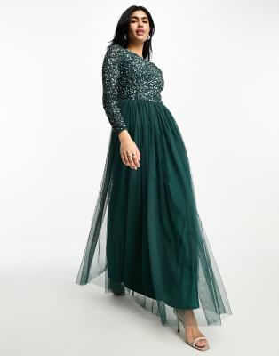 Maya Bridesmaid long sleeve maxi tulle dress with tonal delicate sequin in emerald green