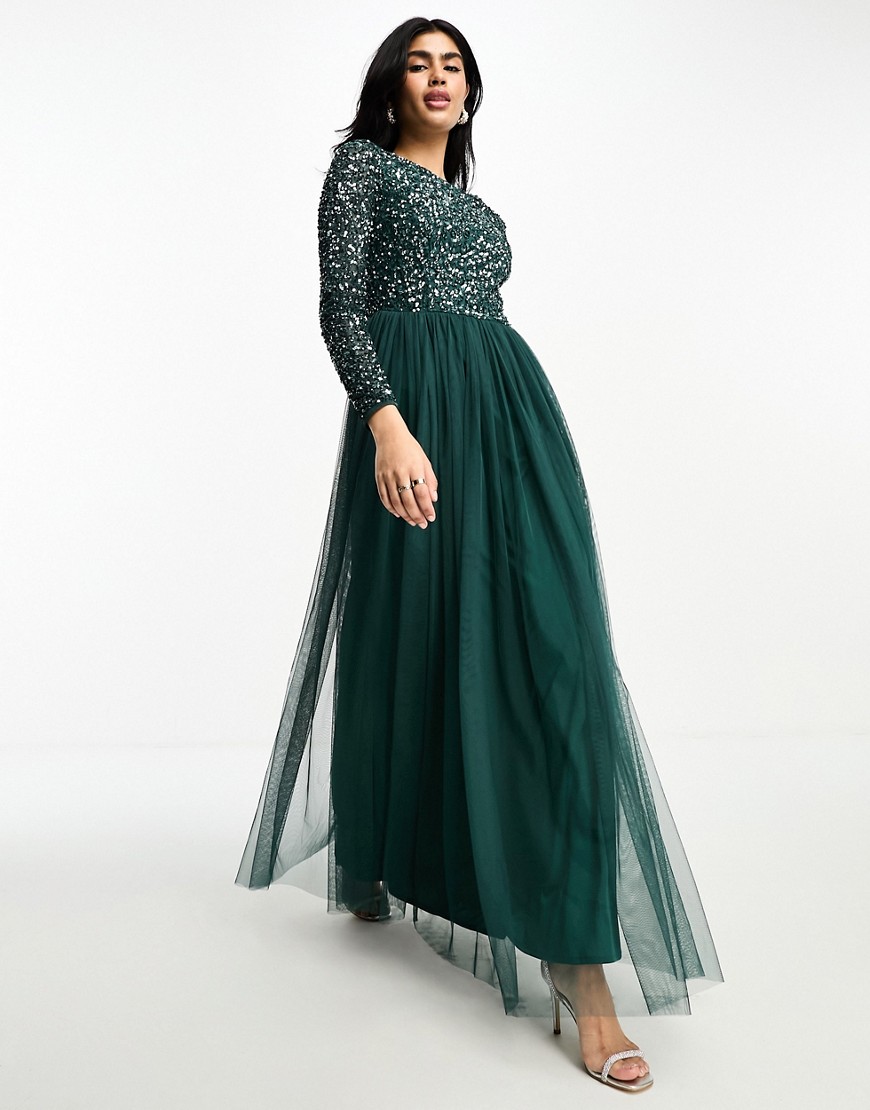 Bridesmaid long sleeve maxi tulle dress with tonal delicate sequin in emerald green