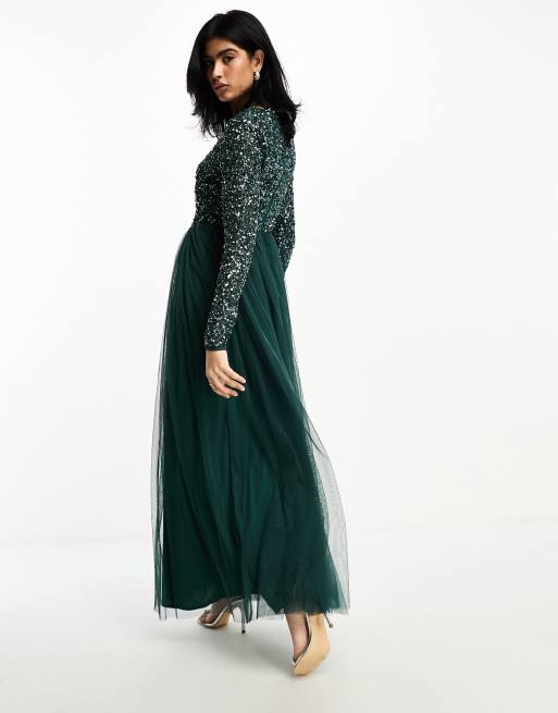 Maya Bridesmaid long sleeve maxi tulle dress with tonal delicate sequin in emerald green