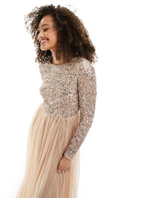 Maya Bridesmaid Long Sleeve V Back Maxi Tulle Dress With Tonal Delicate Sequin In Taupe Blush-brown In Neutral
