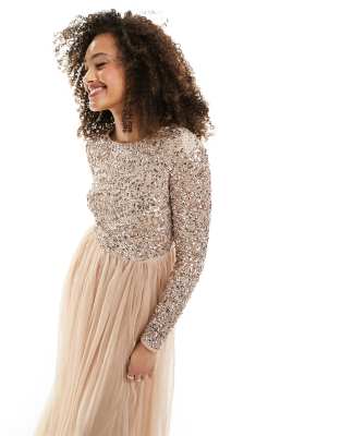 Maya Bridesmaid Long Sleeve V Back Maxi Tulle Dress With Tonal Delicate Sequin In Taupe Blush-brown In Neutral