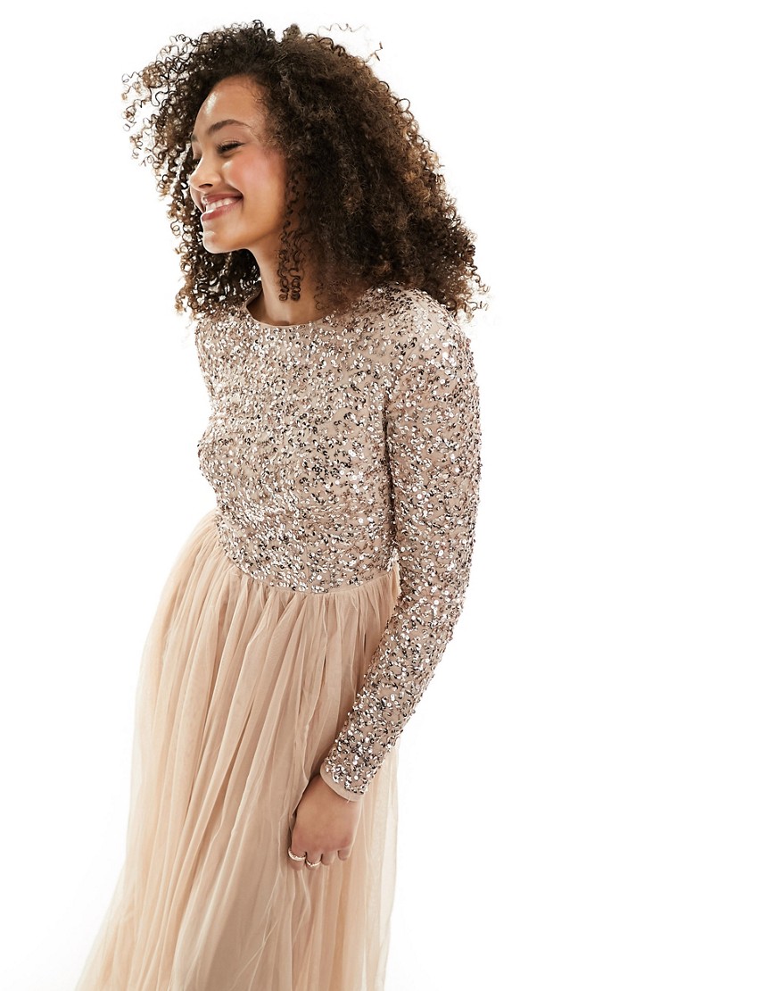 Bridesmaid long sleeve maxi tulle dress with tonal delicate sequin in muted blush-Neutral
