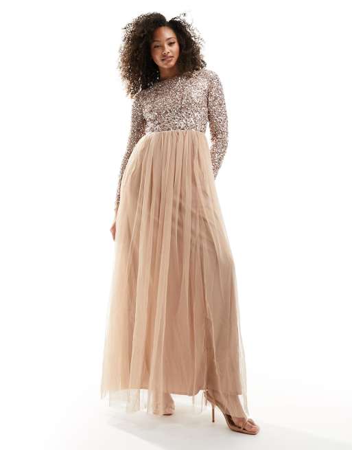 Maya Bridesmaid long sleeve maxi tulle dress with tonal delicate