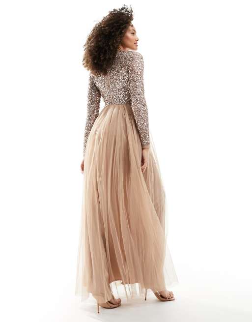 Maya bridesmaid long sleeve maxi tulle dress sale with tonal delicate sequins in taupe blush