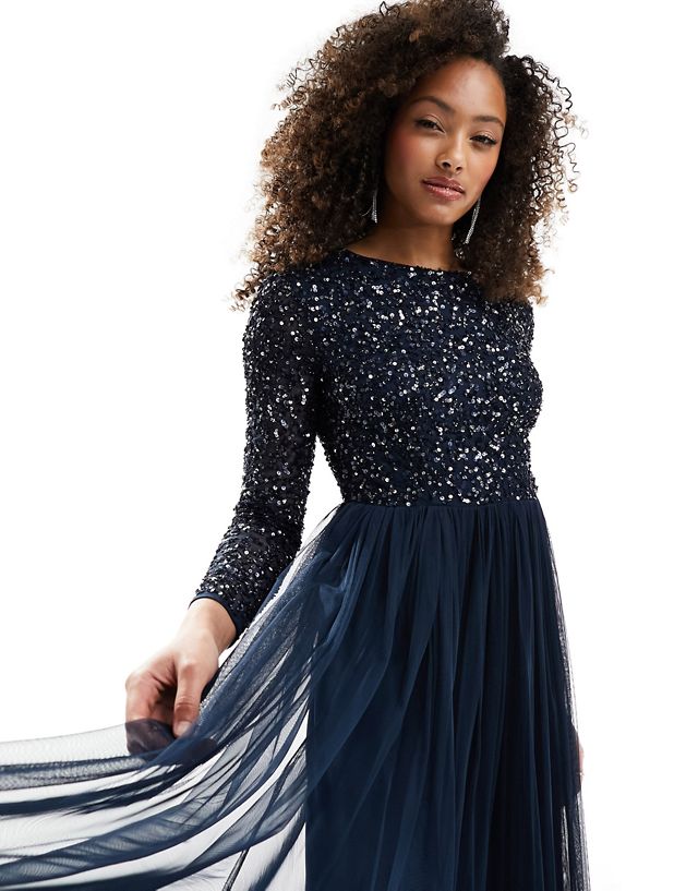 Maya Bridesmaid long sleeve maxi tulle dress with tonal delicate sequin in navy