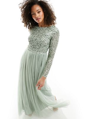 Bridesmaid Long Sleeve Maxi Tulle Dress With Tonal Delicate In Sage Green | ModeSens
