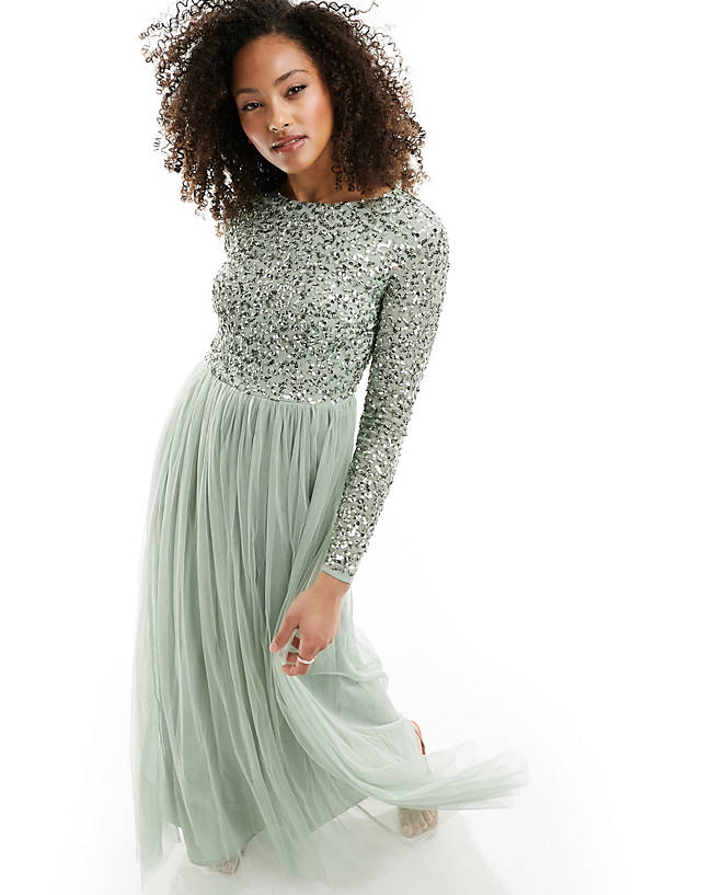 Maya - bridesmaid long sleeve maxi tulle dress with tonal delicate sequin in sage green