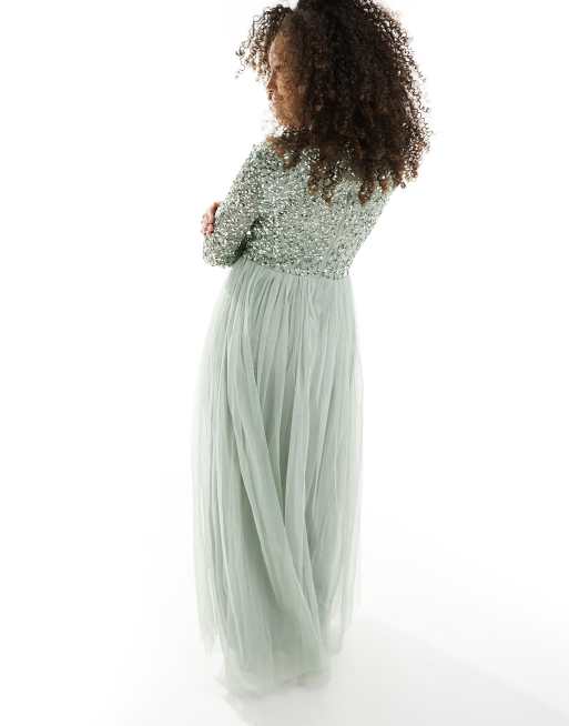 Maya Bridesmaid long sleeve maxi tulle dress with tonal delicate sequin in sage green