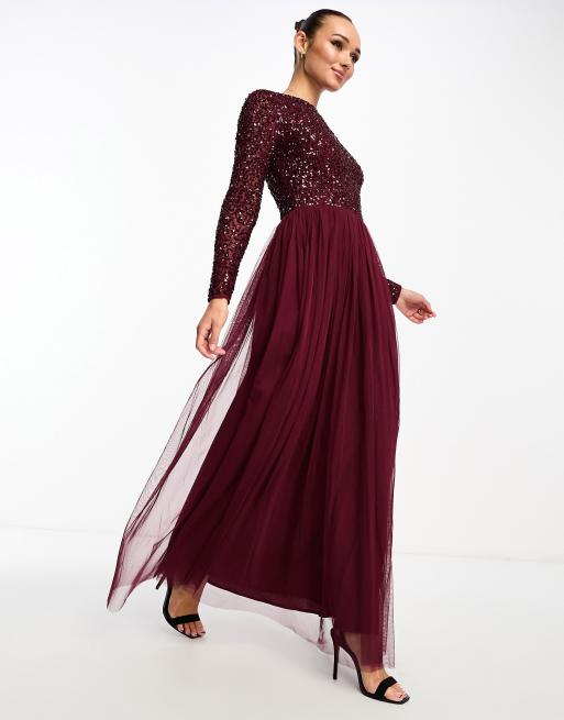 Maya Bridesmaid long sleeve maxi tulle dress with tonal delicate sequin in wine