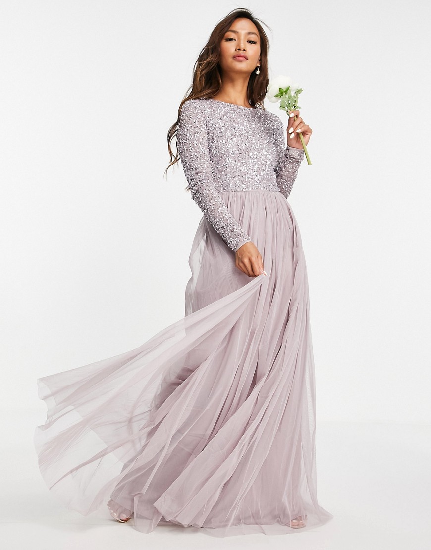 Maya Bridesmaid long sleeve maxi tulle dress with tonal delicate sequins in lilac gray-Grey