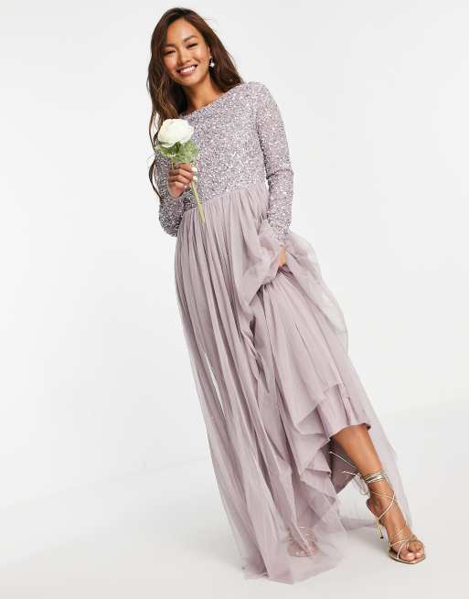 Maya Bridesmaid long sleeve maxi tulle dress with tonal delicate sequins in  lilac gray