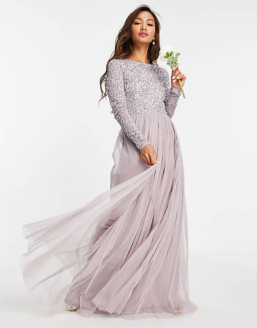 Maya Bridesmaid long sleeve maxi tulle dress with tonal delicate sequins in lilac grey