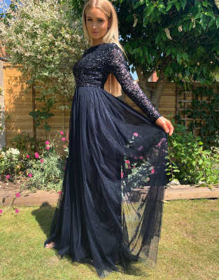 Maya Bridesmaid long sleeve maxi tulle dress with tonal delicate sequins in  navy