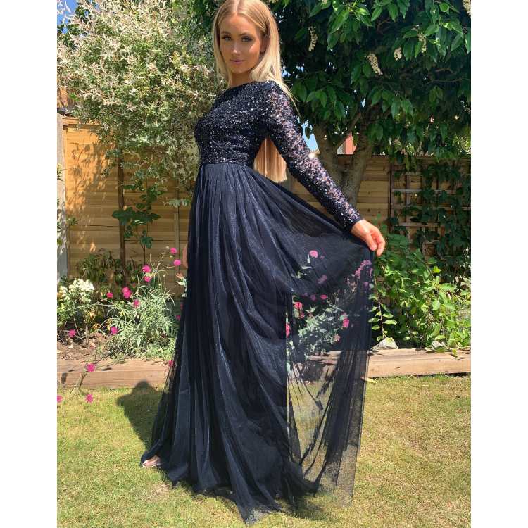 Maya Bridesmaid long sleeve maxi tulle dress with tonal delicate sequins in  navy