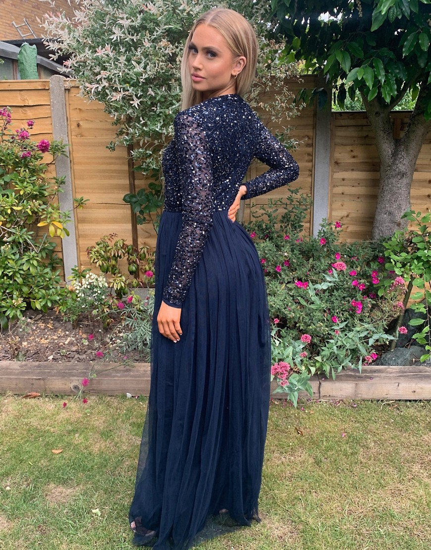 Alternative product photo of Maya bridesmaid long sleeve maxi tulle dress with tonal delicate sequins in navy