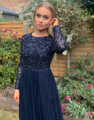 Maya Bridesmaid long sleeve maxi tulle dress with tonal delicate sequins in  navy