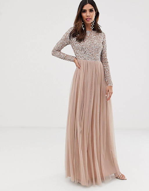 Women Maya Bridesmaid long sleeve maxi tulle dress with tonal delicate sequins in taupe blush 