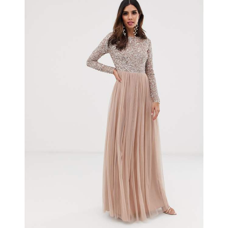 Maya Bridesmaid long sleeve maxi tulle dress with tonal delicate