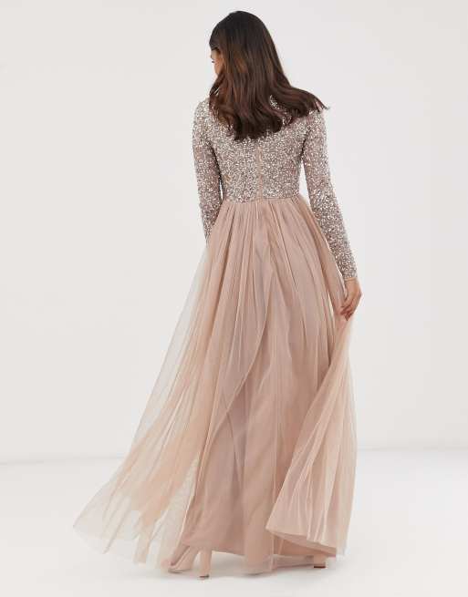 maya bridesmaid long sleeve maxi tulle dress with tonal delicate sequins in taupe blush