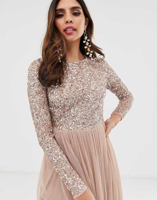 maya bridesmaid long sleeve maxi tulle dress with tonal delicate sequins in taupe blush