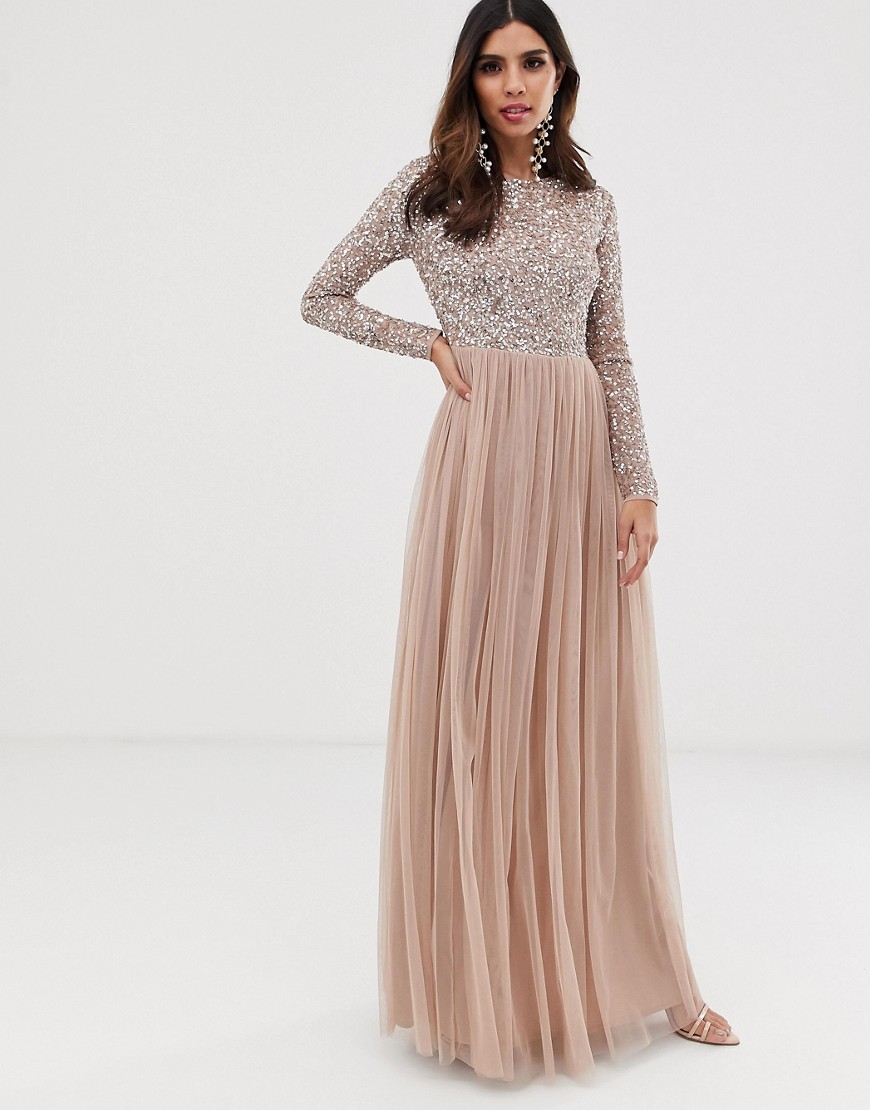 Product photo of Maya bridesmaid long sleeve maxi tulle dress with tonal delicate sequins in taupe blush - pink