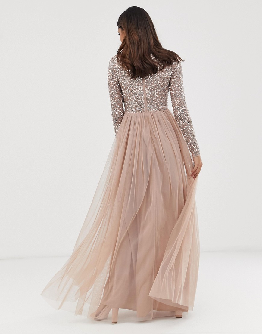 Alternative product photo of Maya bridesmaid long sleeve maxi tulle dress with tonal delicate sequins in taupe blush - pink