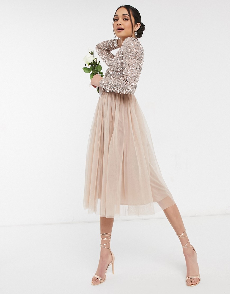 Maya Bridesmaid long sleeve midi tulle dress with tonal delicate sequin in taupe blush-Pink