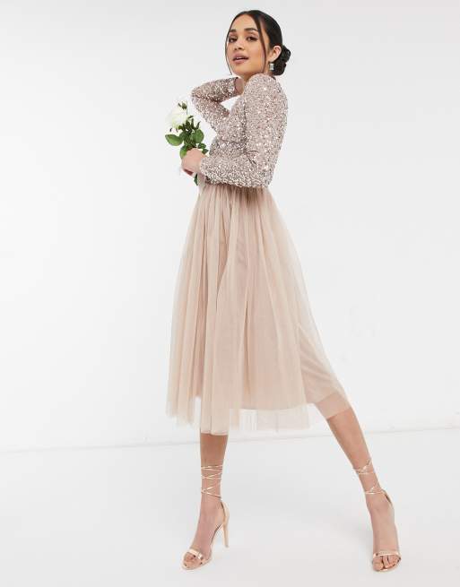 maya cap sleeve midaxi dress with applique delicate sequins in taupe blush