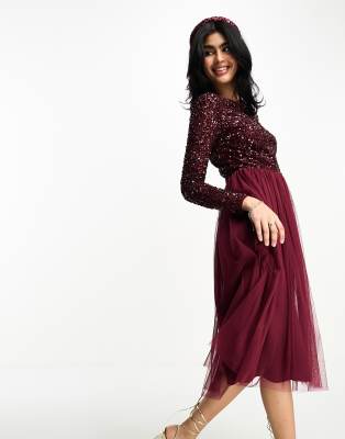 Maya Bridesmaid long sleeve midi tulle dress with tonal delicate sequin in wine