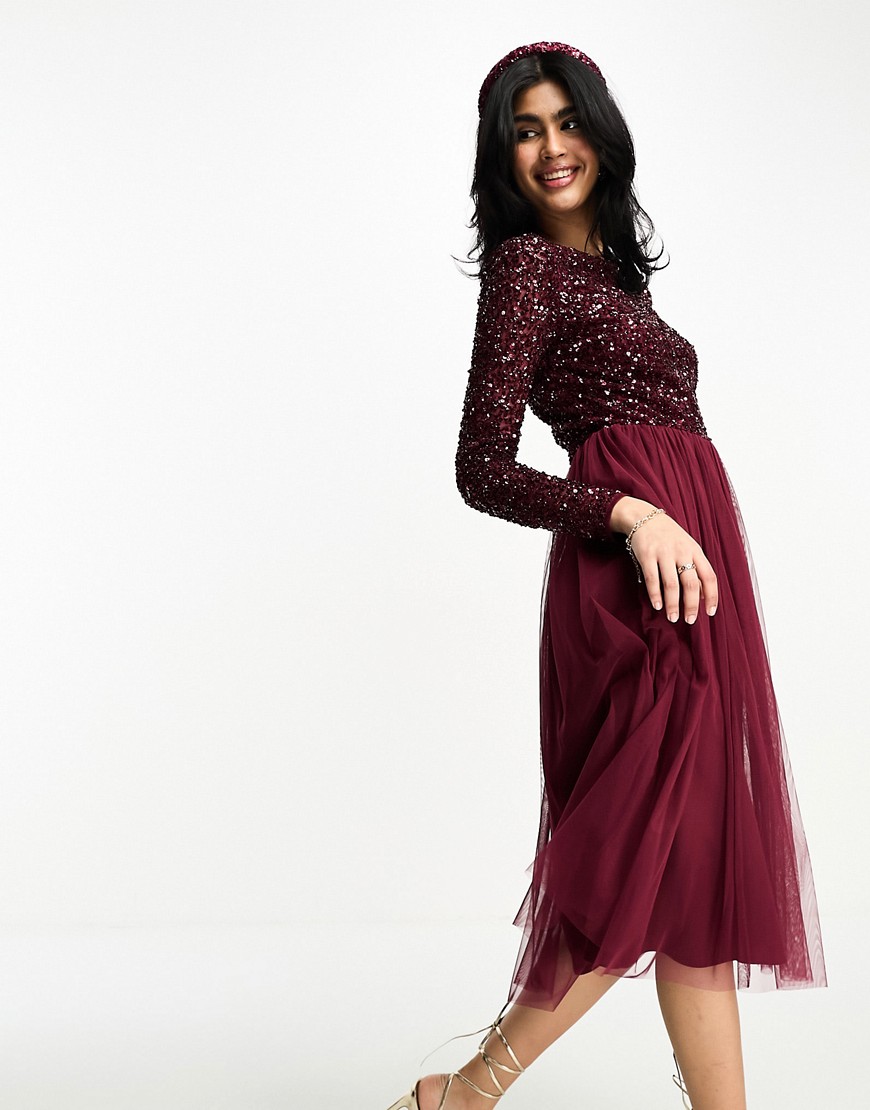 Bridesmaid long sleeve midi tulle dress with tonal delicate sequin in wine-Red