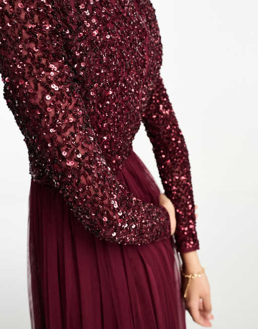 Maya Bridesmaid long sleeve midi tulle dress with tonal delicate sequin in wine, 2 of 4