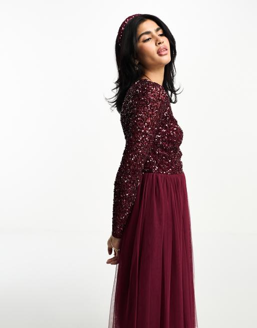 Maya Bridesmaid long sleeve midi tulle dress with tonal delicate sequin in wine, 3 of 4
