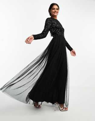 Maya Bridesmaid long sleeve tulle maxi dress with tonal delicate sequin in  black | Smart Closet