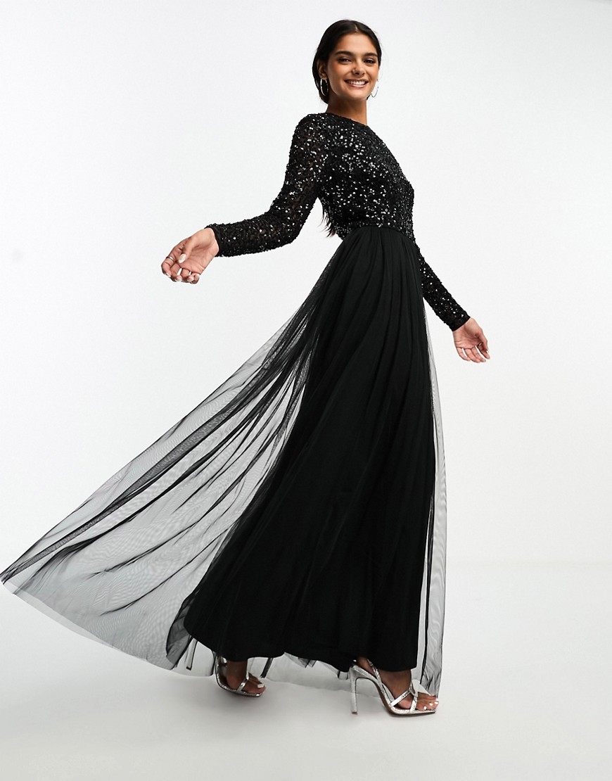 Maya Bridesmaid Long Sleeve Tulle Maxi Dress With Tonal Delicate Sequin In Black