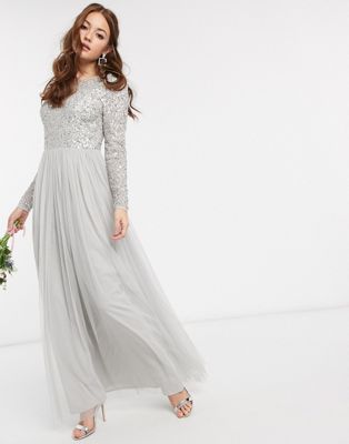 silver long sleeve bridesmaid dress