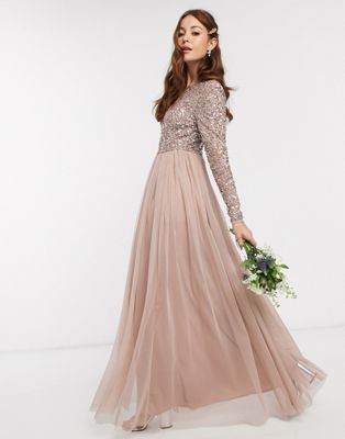 Maya Bridesmaid long sleeve v back maxi tulle dress with tonal delicate sequin in taupe blush - ASOS Price Checker