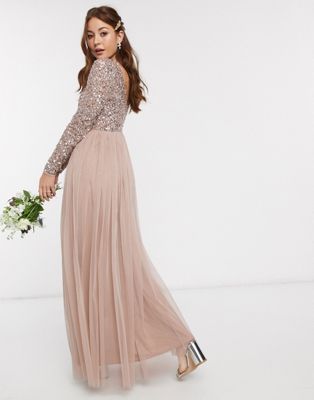 Maya Bridesmaid long sleeve v back maxi tulle dress with tonal delicate  sequin in taupe blush