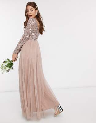 maya bridesmaid long sleeve maxi tulle dress with tonal delicate sequins in taupe blush