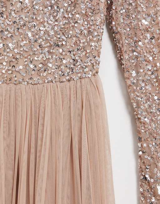 Maya bridesmaid long sleeve maxi tulle dress with tonal delicate sequins in taupe blush hotsell