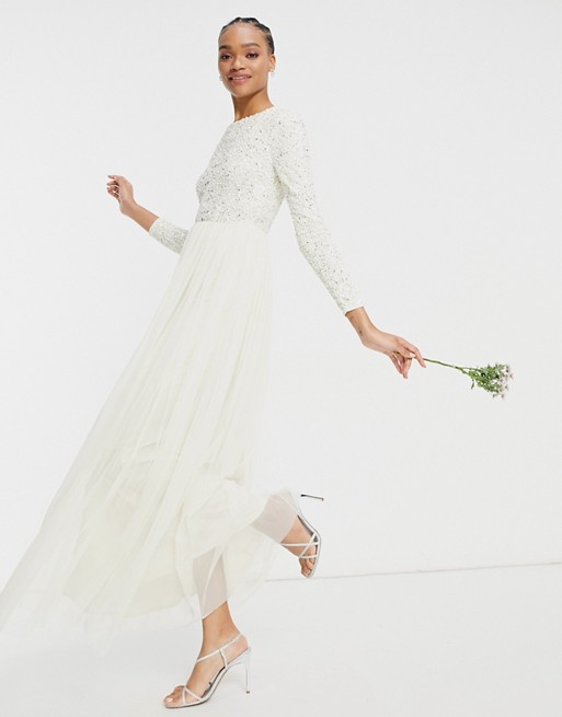 Maya Bridal long sleeved maxi dress with delicate sequin and tulle skirt in ecru