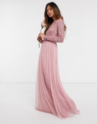 Maya Bridesmaid long sleeved maxi dress with delicate sequin and tulle skirt in vintage rose-Cream